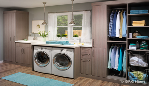 Laundry room cabinets and shelves organization system
